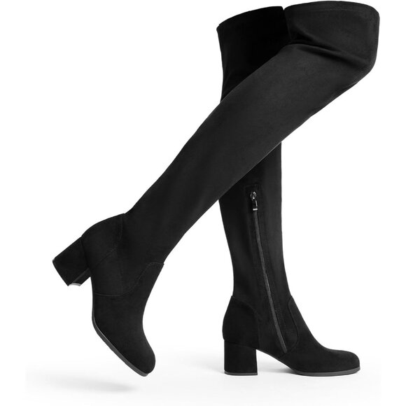 Women's Black-suede Faux Leather Over The Knee Thigh High Chunky Heel Long Boots - Picture 1 of 6